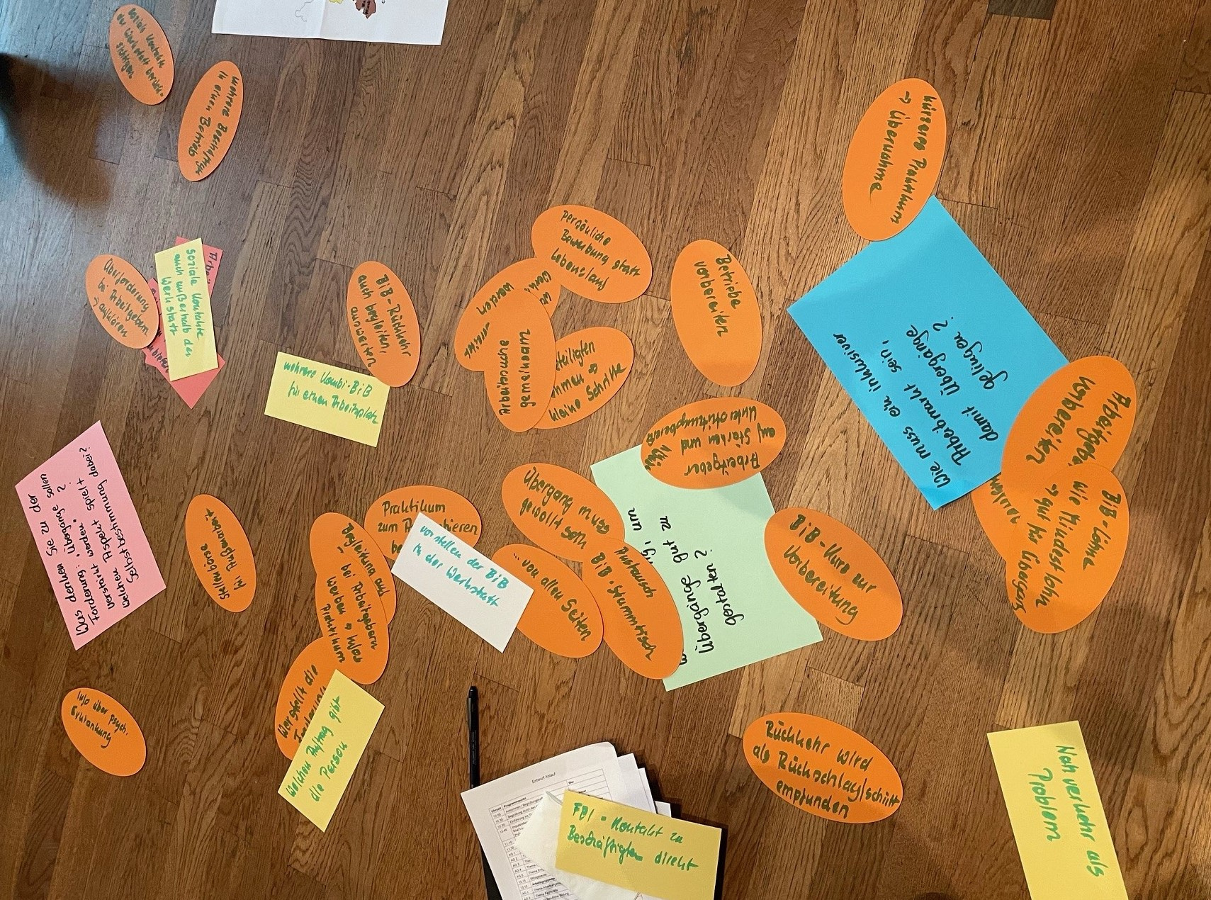 Zu sehen sind viele verschiedenfarbige Moderationskarten, auf denen Stichworte stehen. Die Karten liegen ausgebreitet auf dem Fußboden. 
© LAG WfbM Hessen